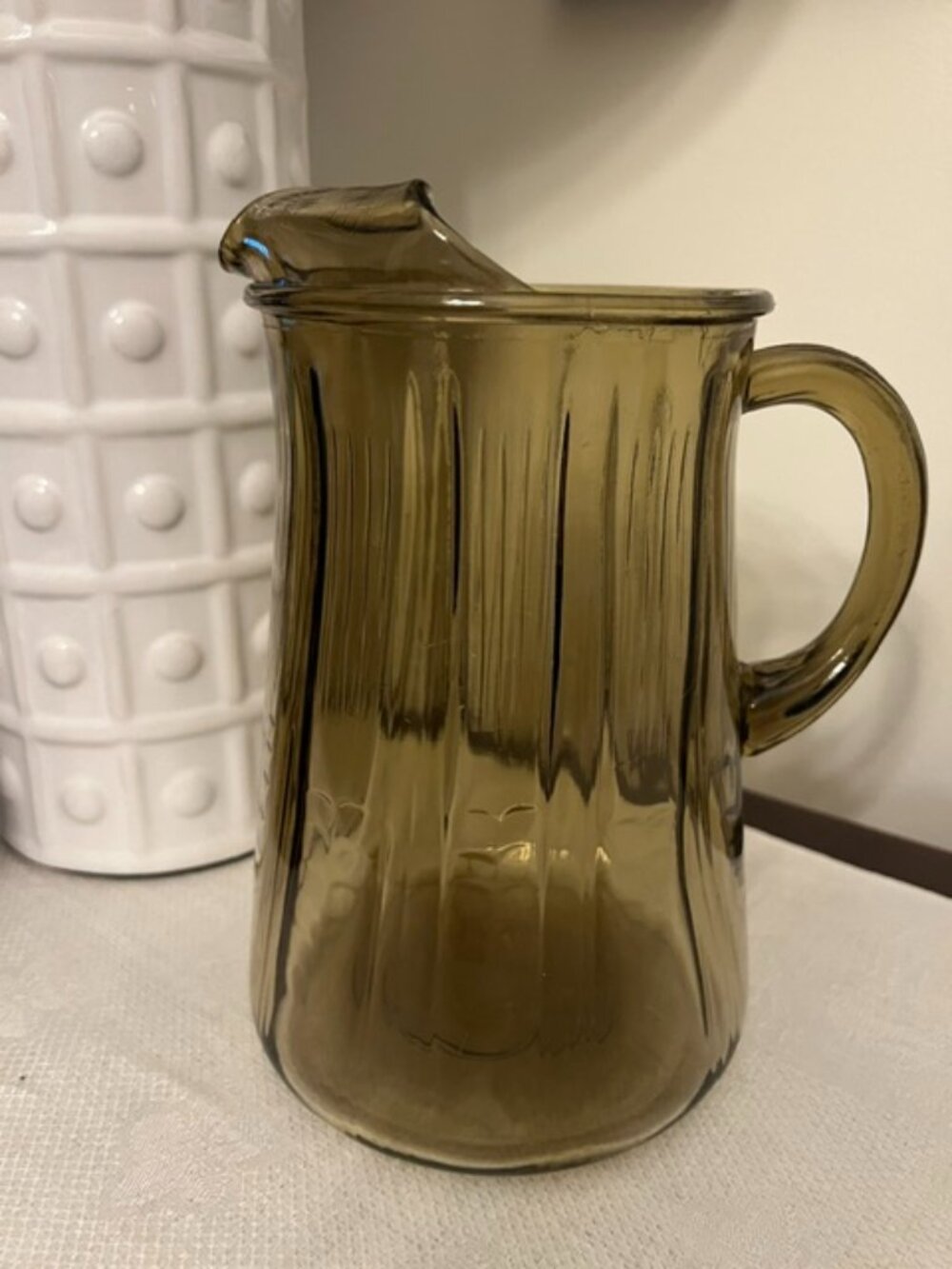 VTG Amber Glass Water Pitcher Retro Mid Century Drinkware - 9.5" Tall